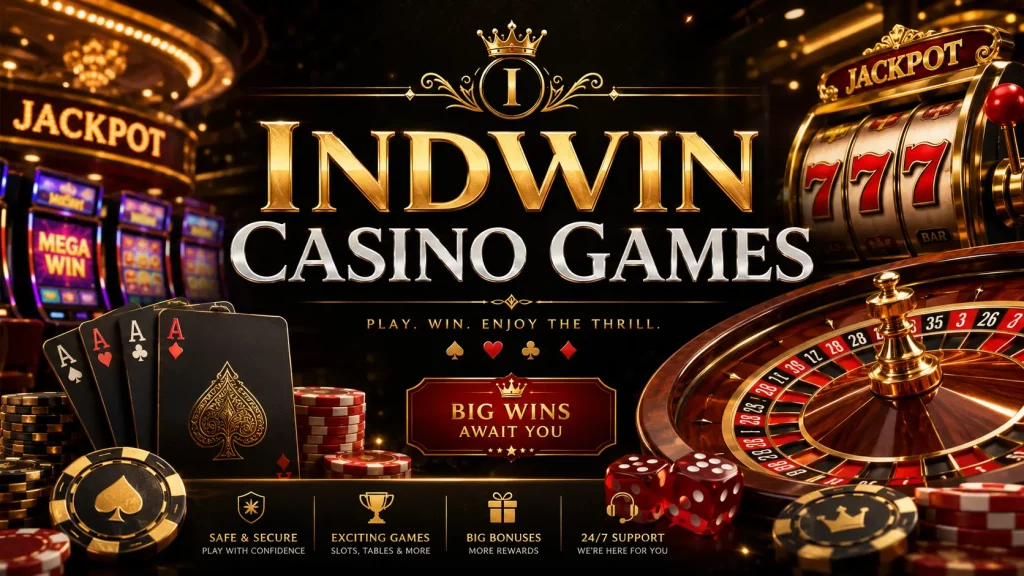Indwin Casino Games banner with gold casino logo, roulette wheel, slot machine, playing cards, poker chips and dice in a luxury black-and-gold style.